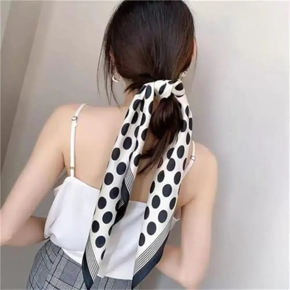 Black and White Silk Feeling Polka Dot Square Scarf 27.5” Satin Retro